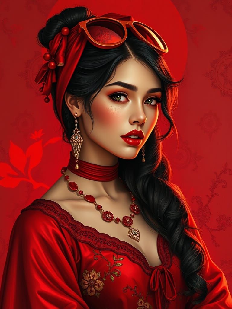 Charming Woman in Red Attire with Dynamic Lighting