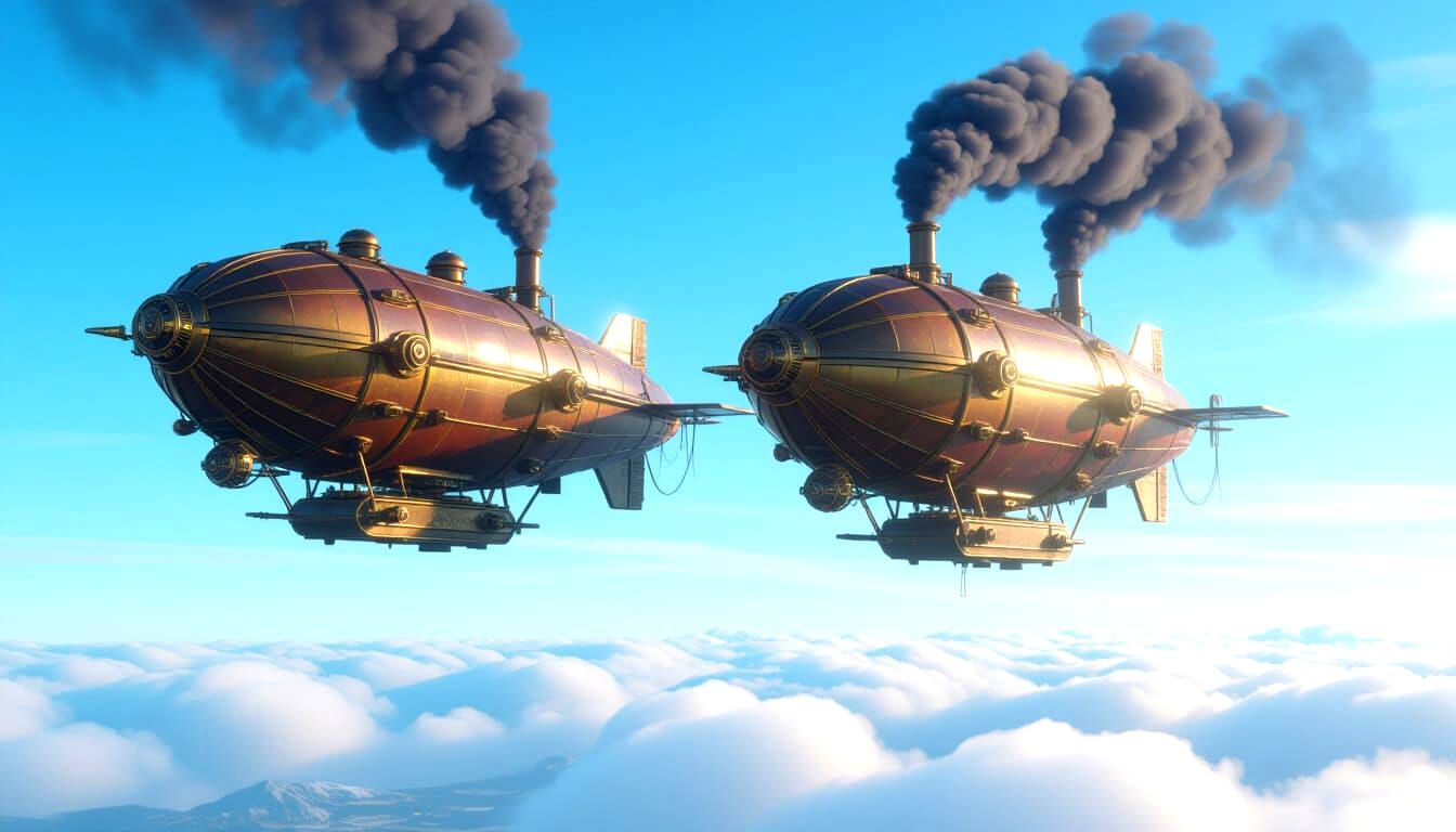 Steampunk Airships Soar in Dramatic Sky