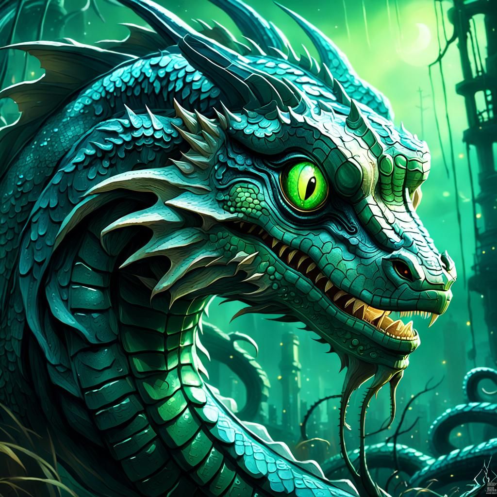 Ethereal Basilisk in Dark Fantasy Anime Style