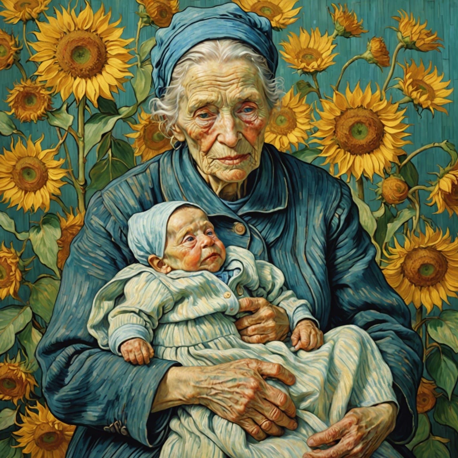 Old Woman and Newborn in Post-Impressionist Style