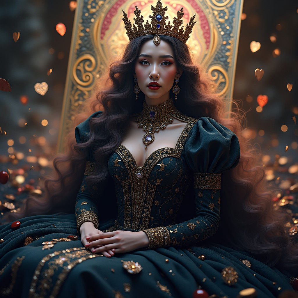 Majestic Queen of Clubs in Opulent Gown: Fantasy Art