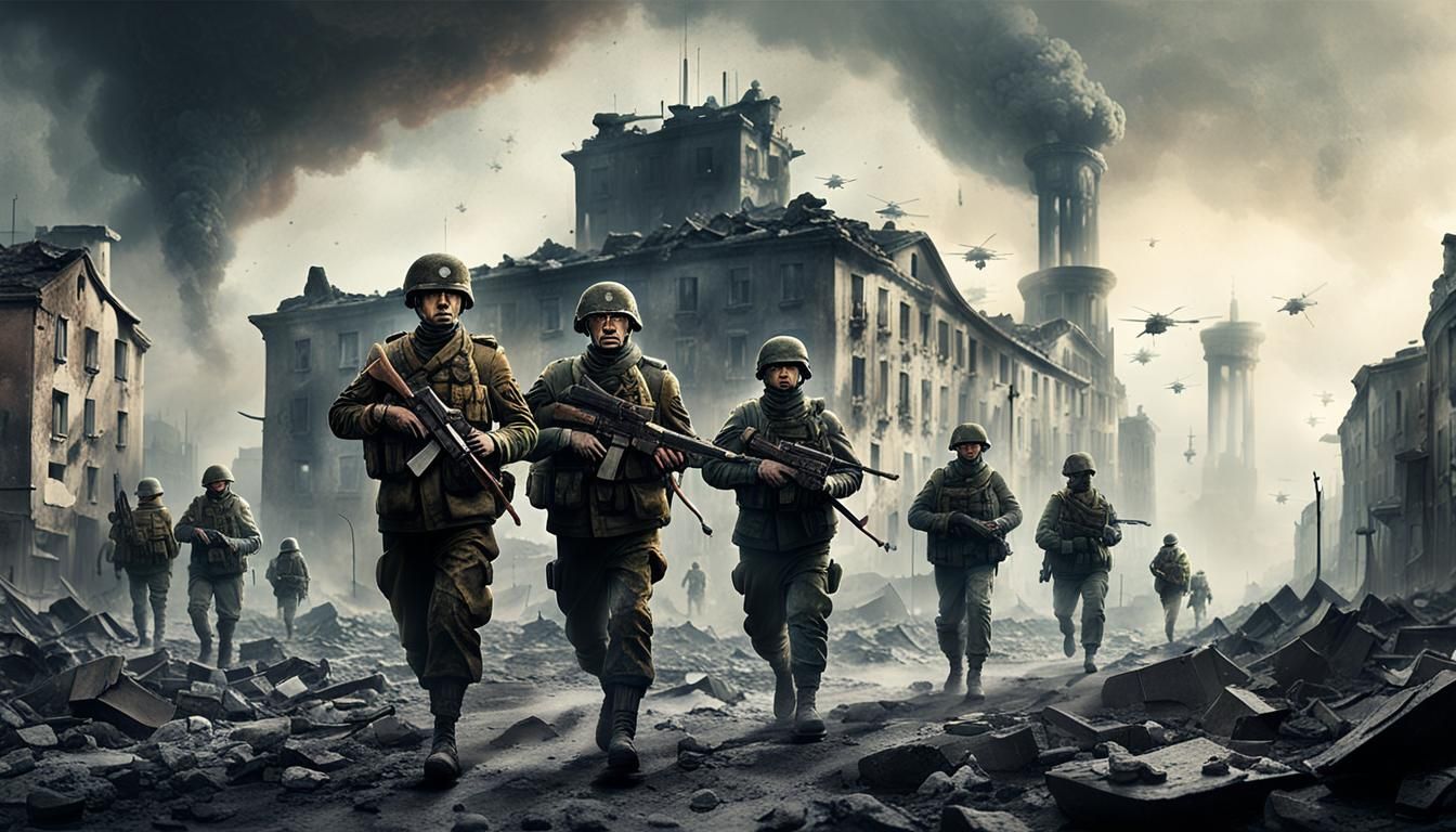 Surreal War Art: German Soldiers in Dystopian Cityscape