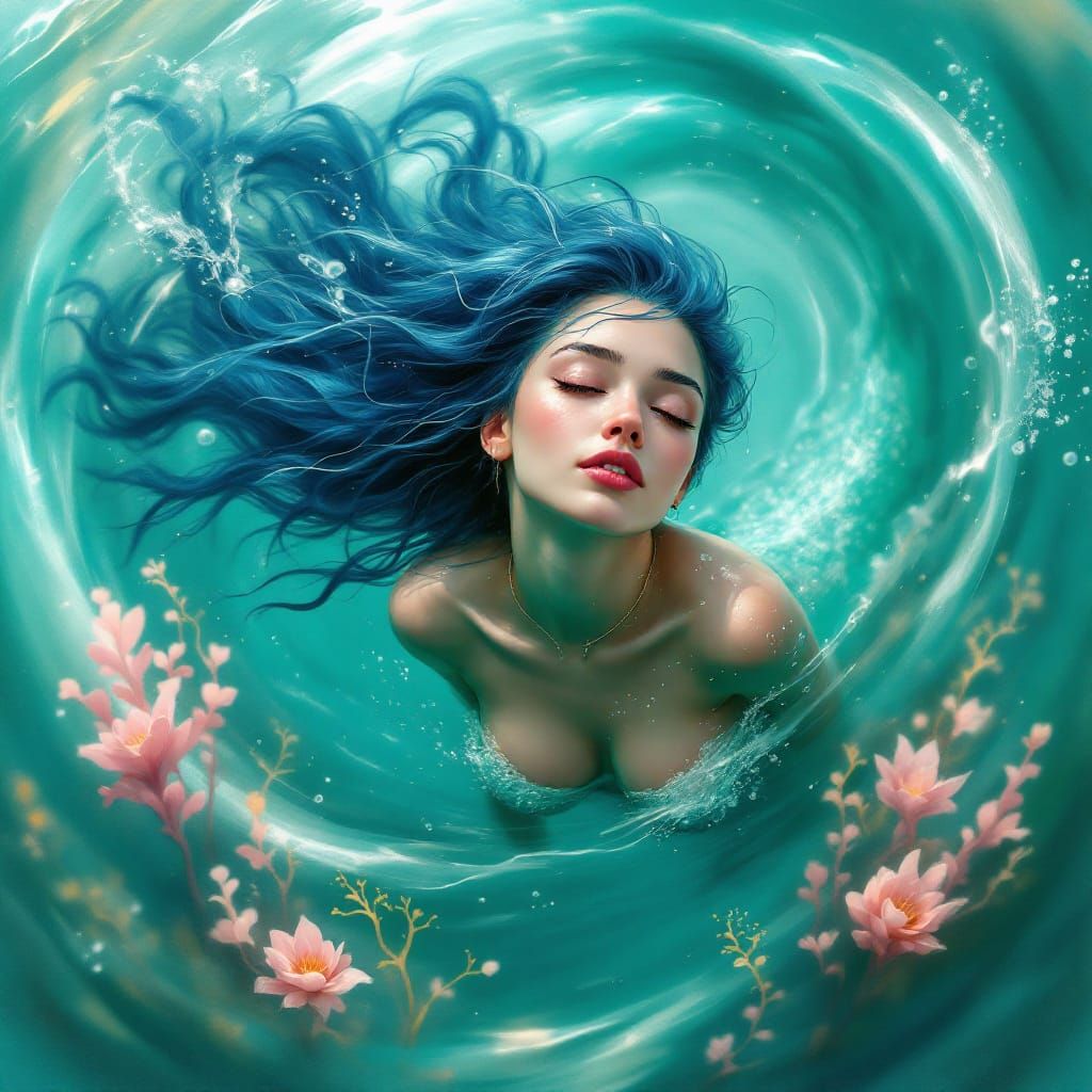 Mermaid Swimming in Turquoise Ocean: Oil Painting