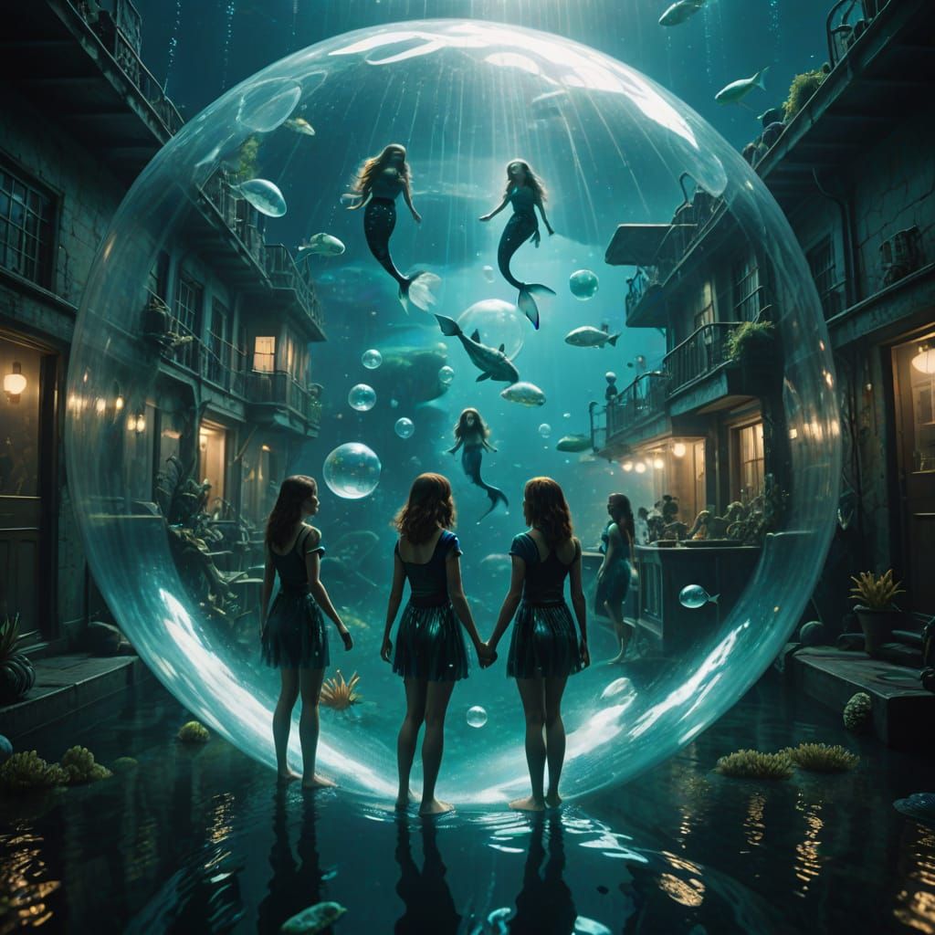 Mermaids in a Dreamlike Underwater Metropolis