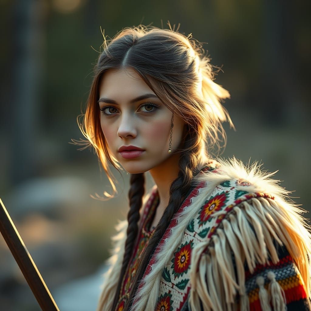 Hyperrealistic Native American Huntress in Vibrant Wildlife ...