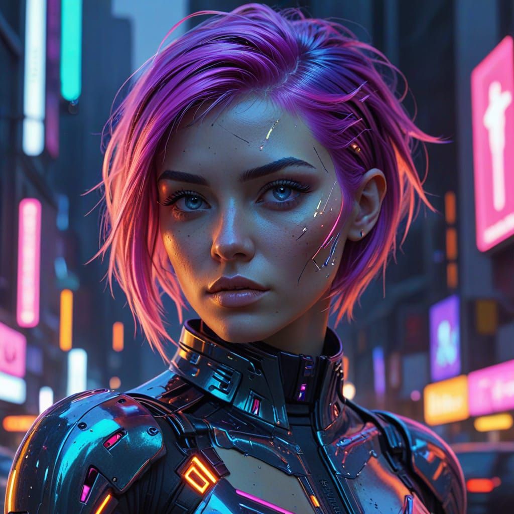 Cyberpunk Woman with Neon Hair and Cybernetic Enhancements