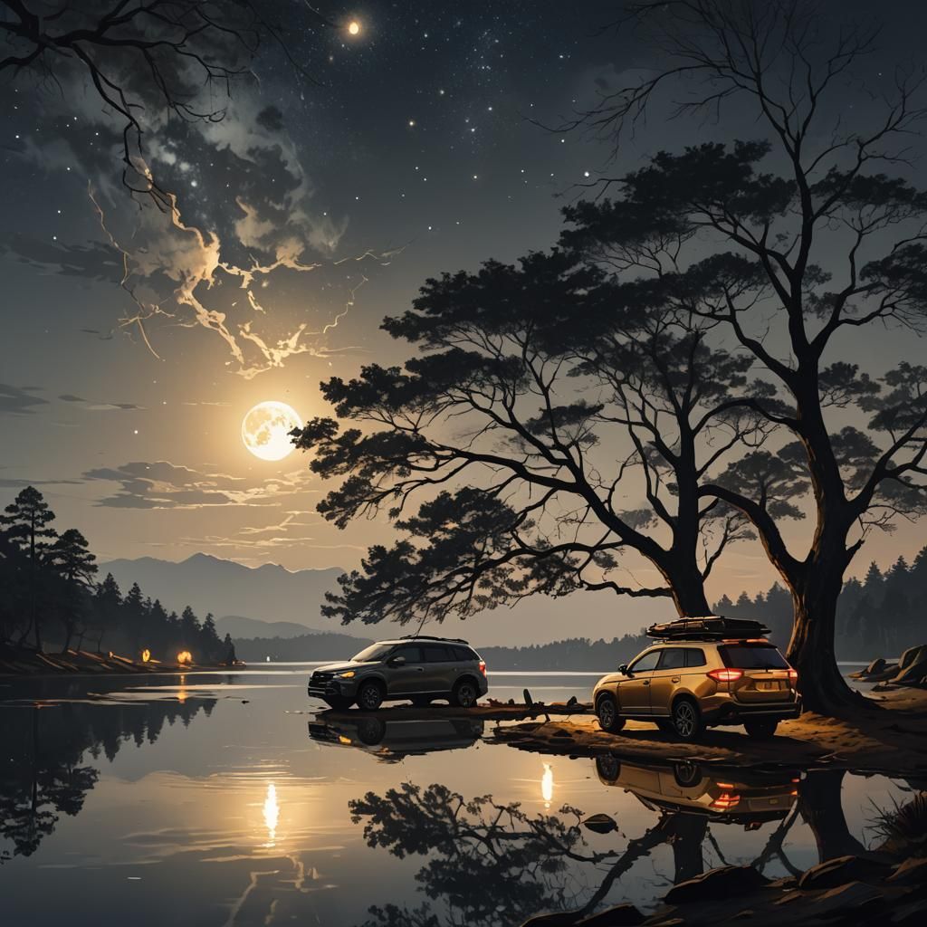 Moonlit Campsite with Bonfire in Fantasy Art Style