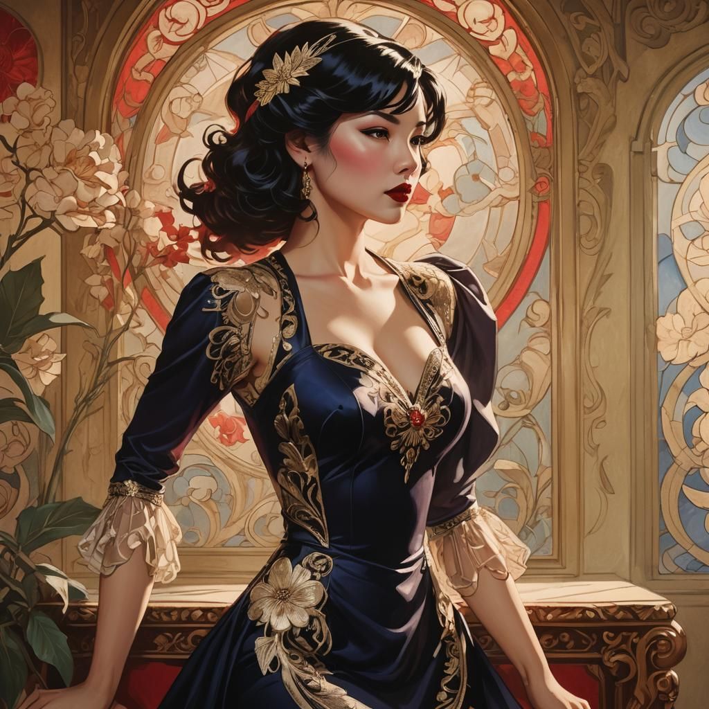 Film Noir Pin-Up in Vargas and Mucha Style
