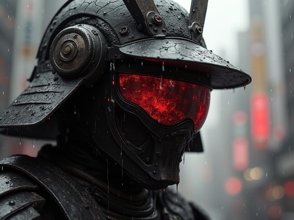 Cyber-Samurai Helmet in Rainy Cyberpunk Tokyo