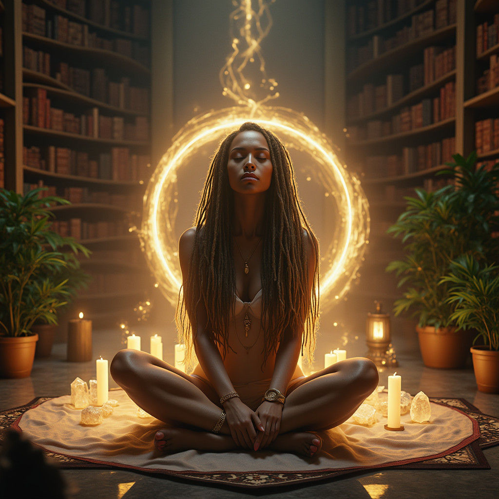 Mystical Woman Meditating in Library, Surrealist Digital Art