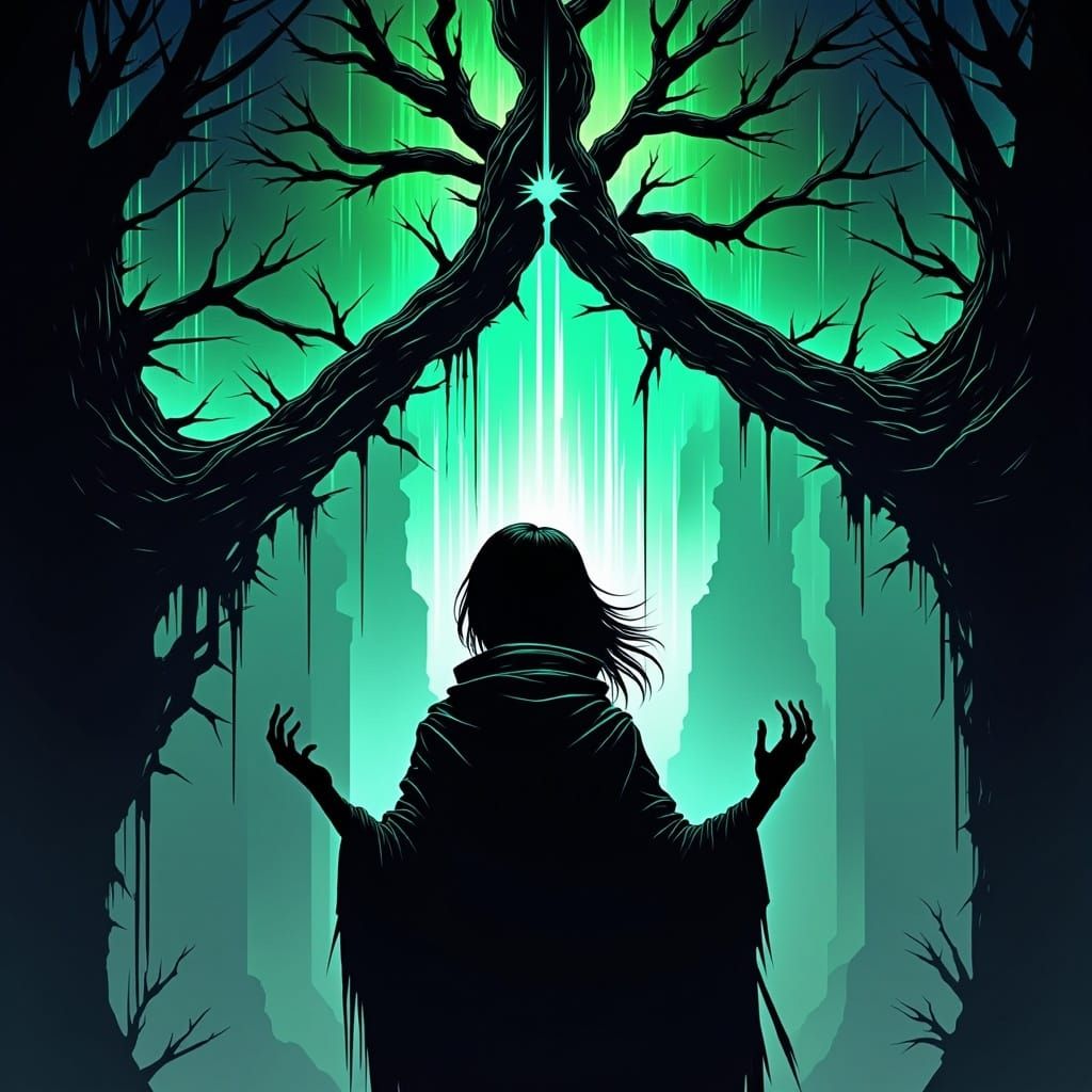 Sorceress Summons Living Bridge in Glitchcore Illustration