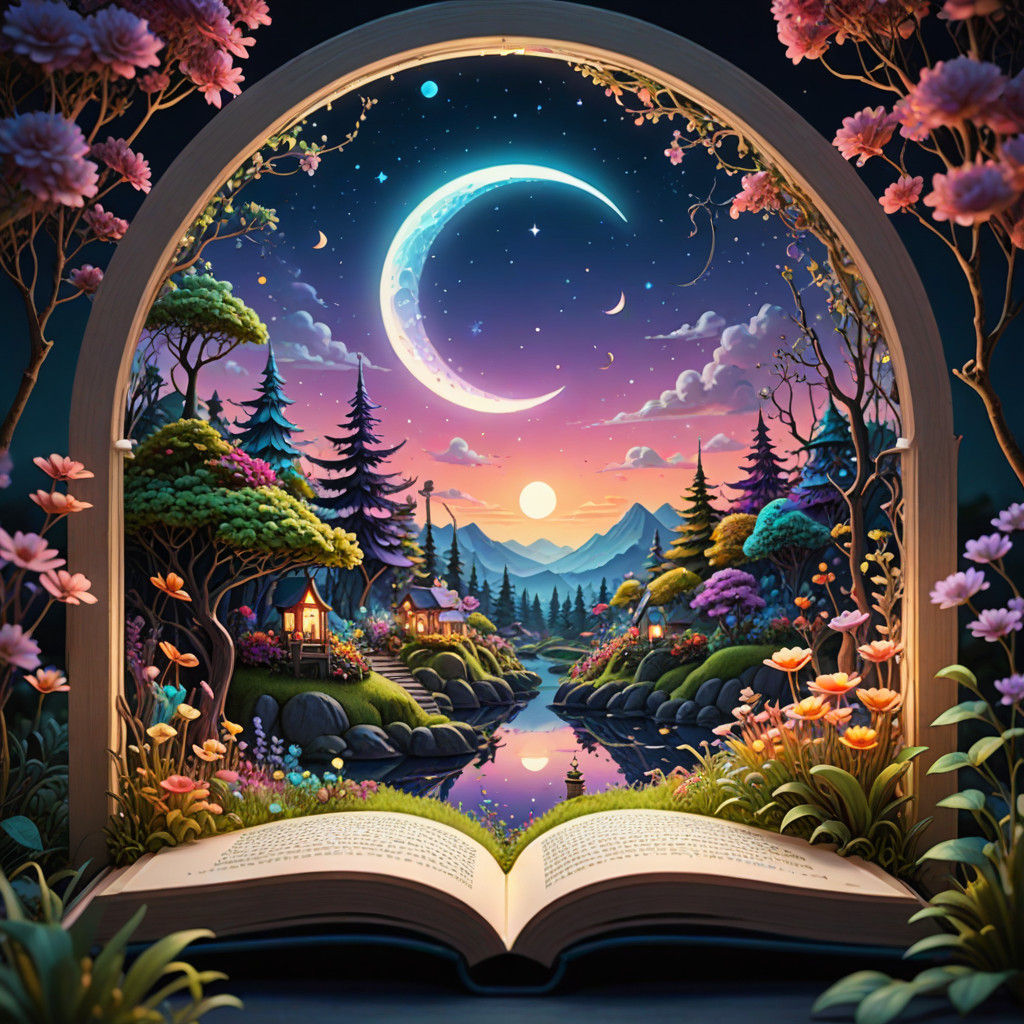 Glowing Moon Illuminates Whimsical Book Garden