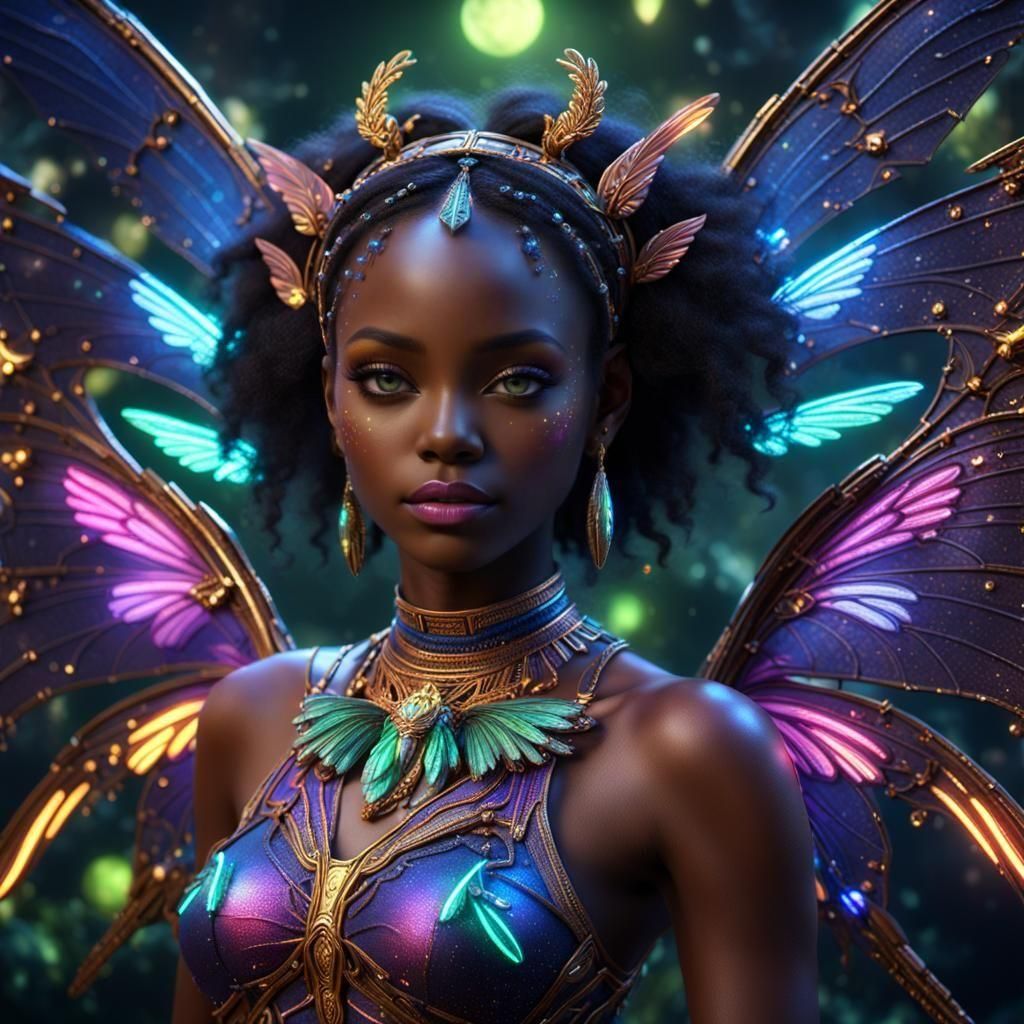 African Fairy with Neon Wings in Fantasy Art Style
