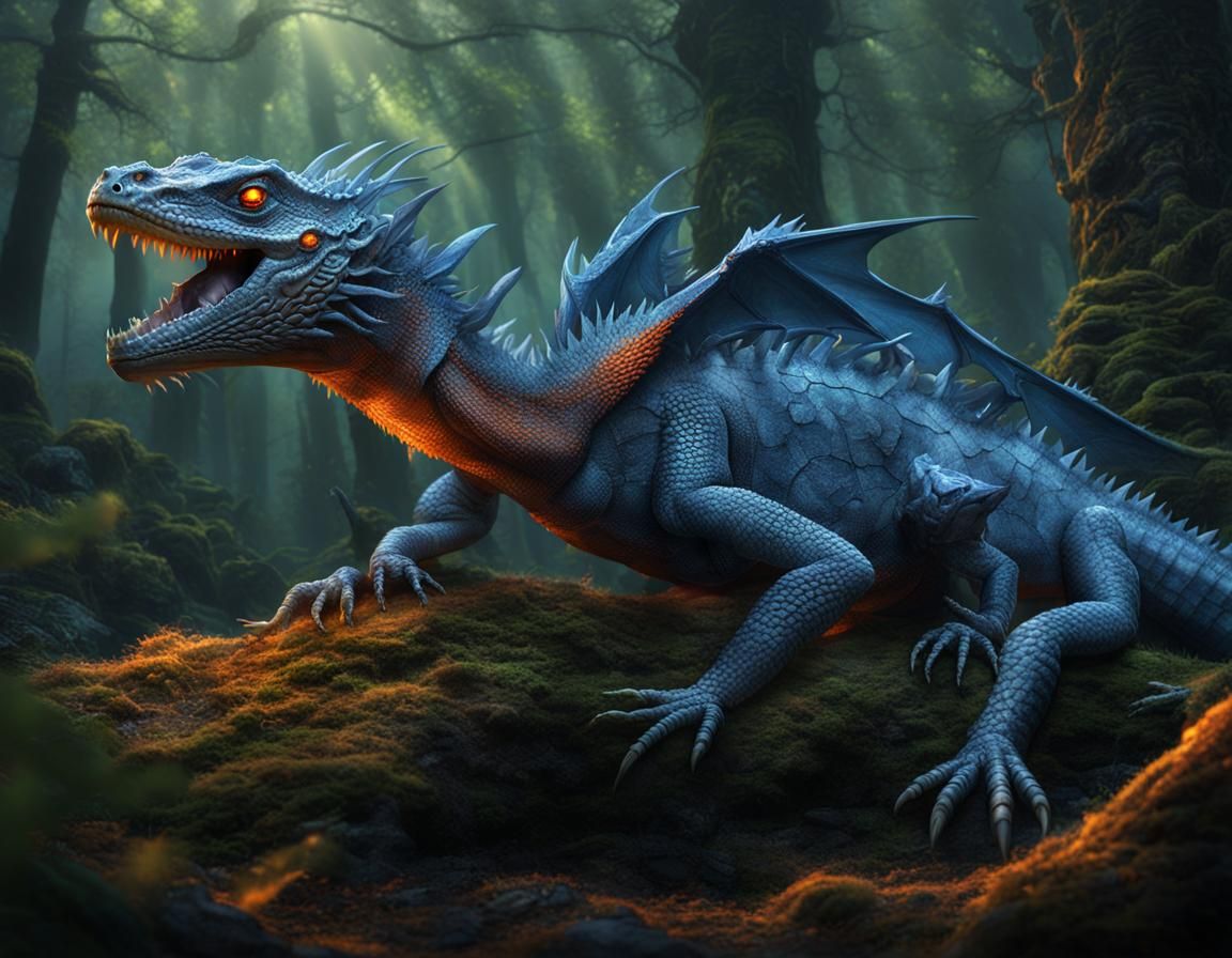 Glowing Six-Legged Dragon-Lizard in High Fantasy Forest