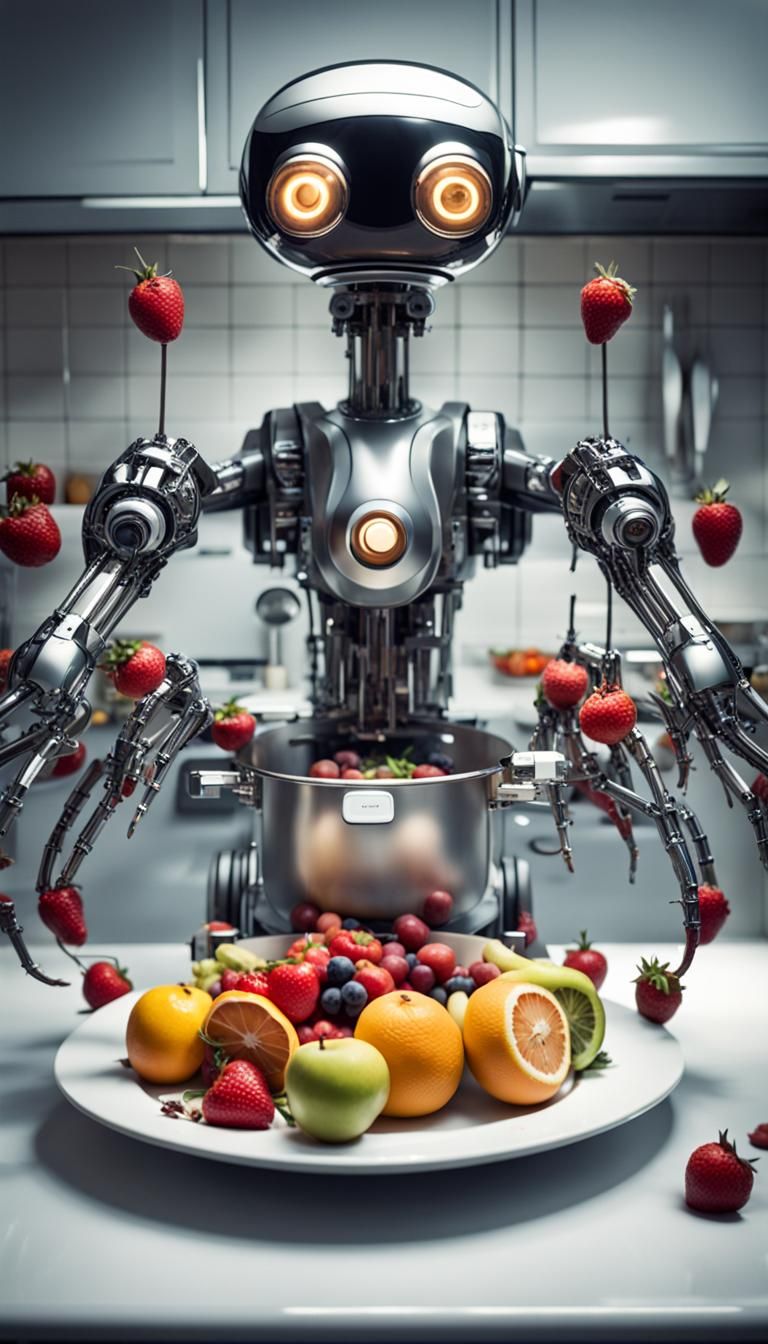 Multi-Armed Robot Selfie in Kitchen, Fantasy Art
