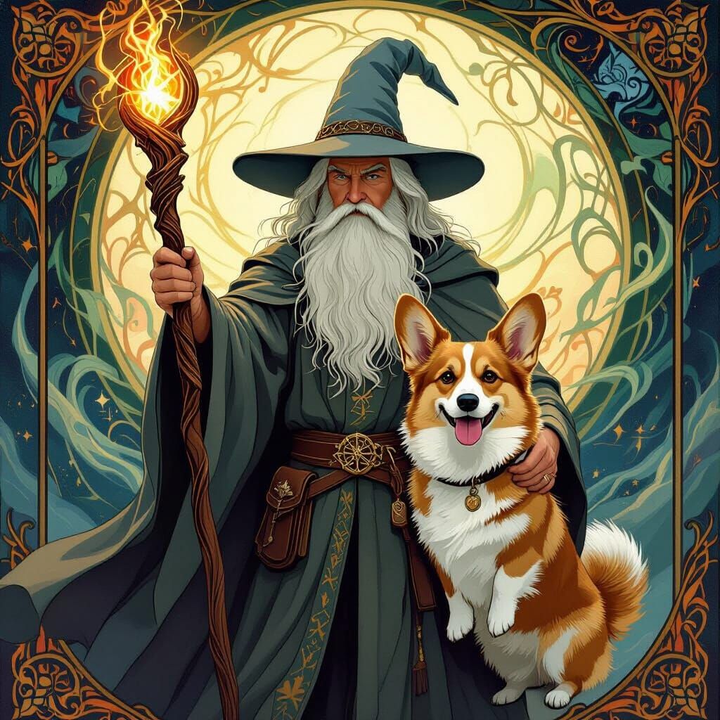 Gandalf Wields Corgi in Magical Tarot Card Art