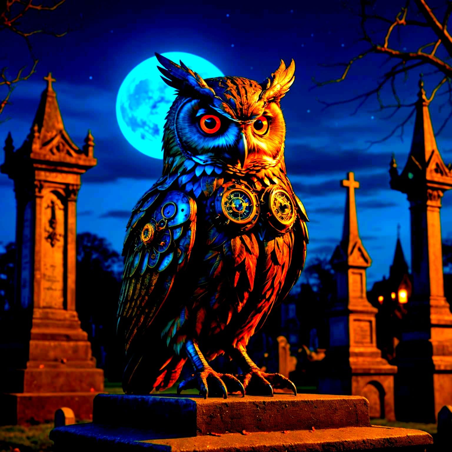Steampunk Owl Masterpiece in Gothic Victorian Cemetery
