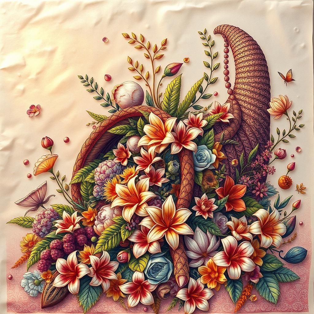 Ornate Cornucopia with Flowers and Foliage