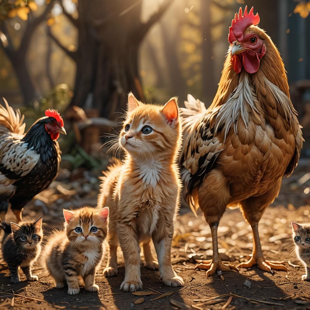 Chicken, Puppy, and Kitten in Golden Light