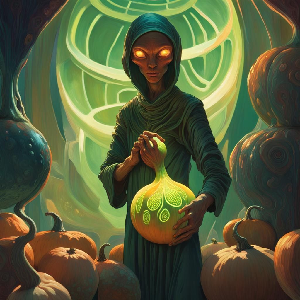 Gourd-Headed Alien Chef in Neon Marketplace