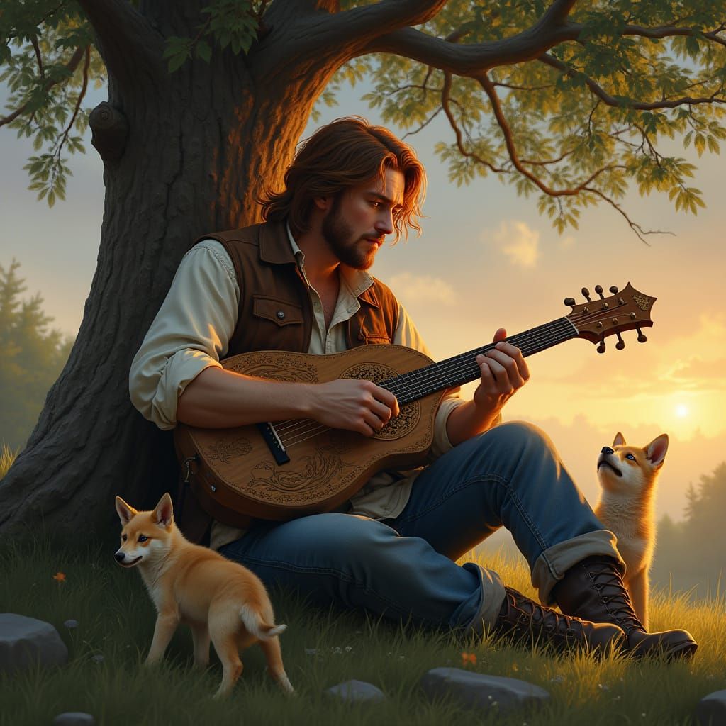 Man with Lyre and Wolf Pups in Hyperrealistic Style
