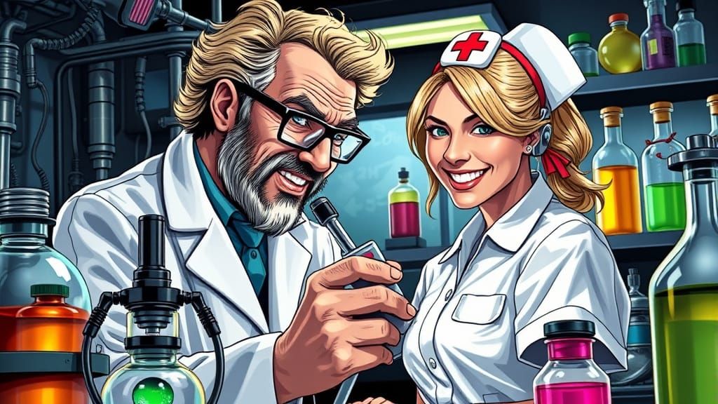 Mad Scientist Examines Nurse, Comic Book Style