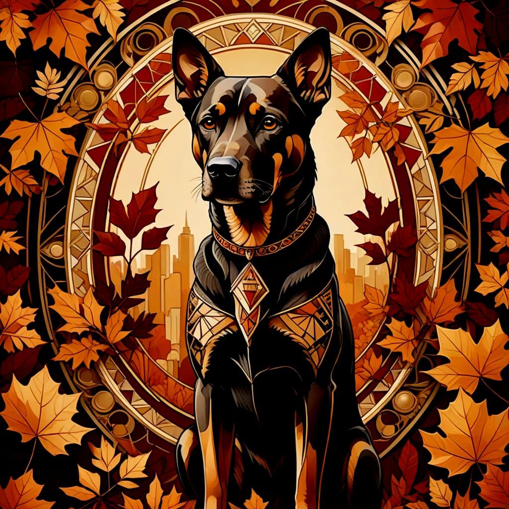 Majestic Dog in Art Deco Autumn Scene