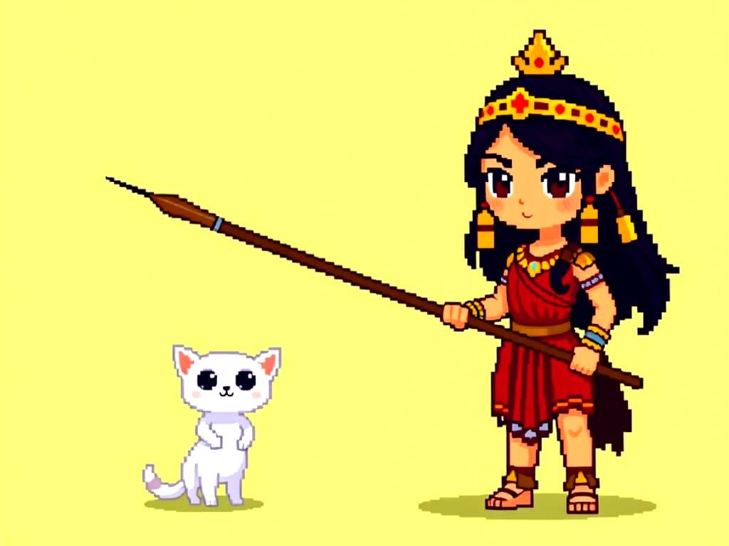 Chibi Mayan Greek Goddess of the Hunt with Kitten Companion