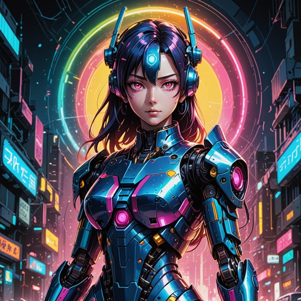 Gorgeous Anime Cyborg Goddess in Retrofuturistic Cyberpunk S...