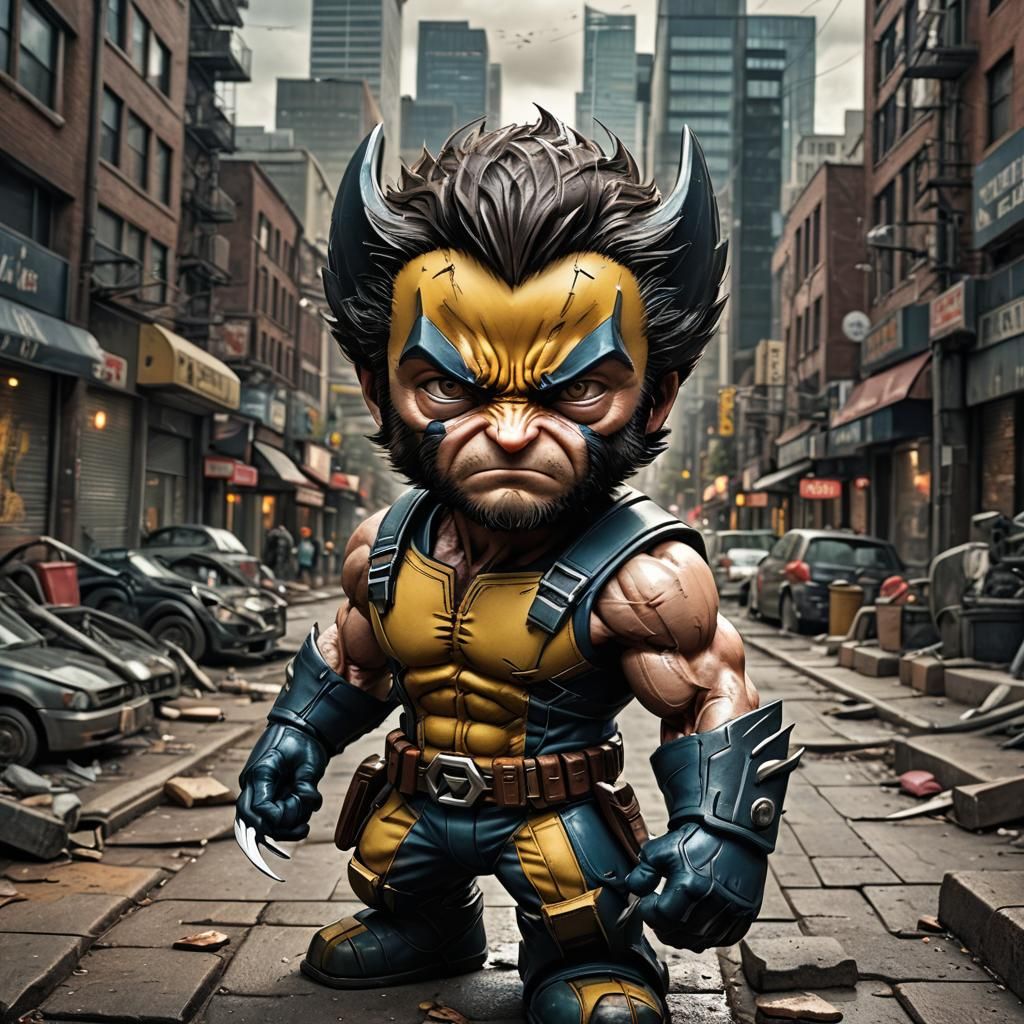 Hyperrealistic Chibi Wolverine in Urban Scene