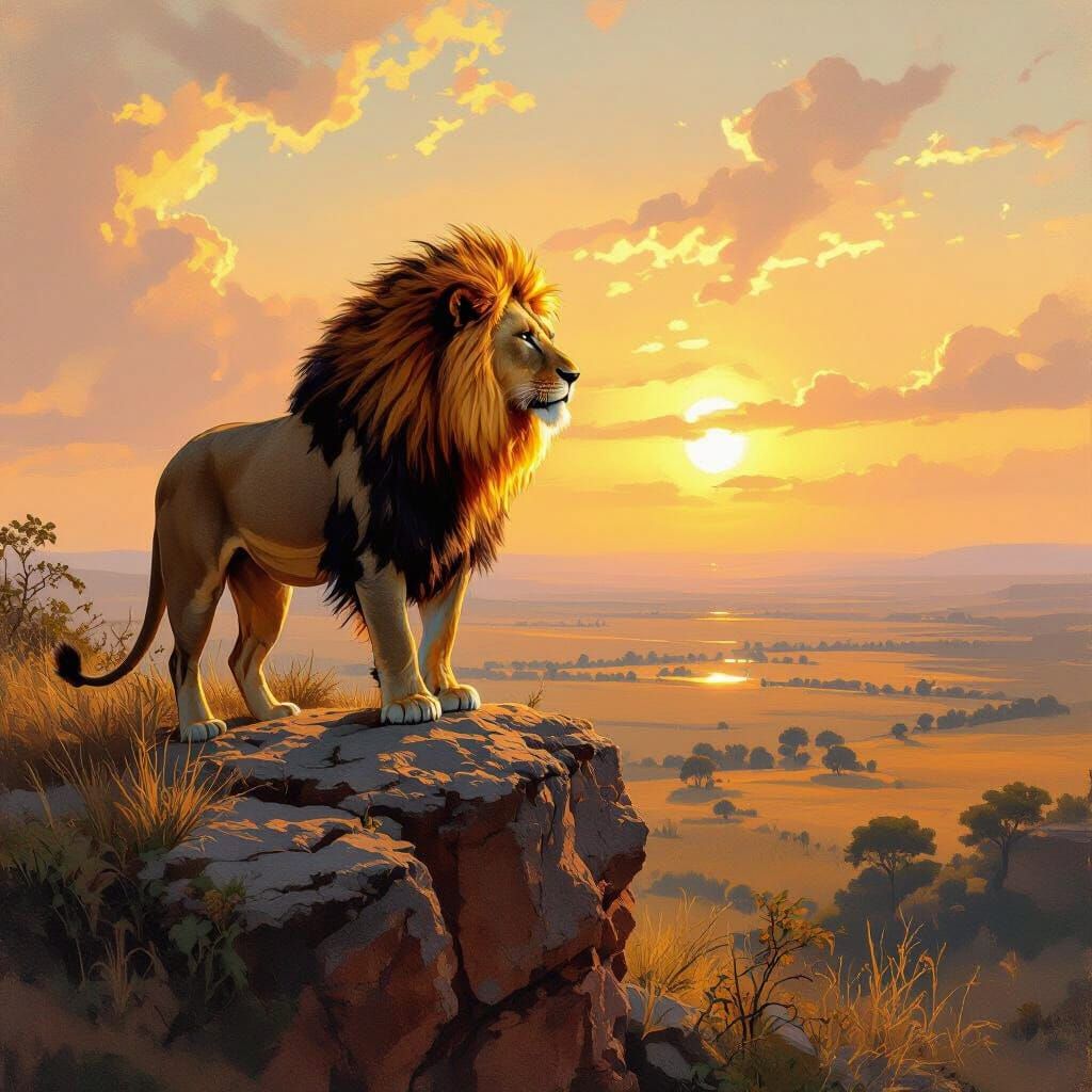 Lion with Fiery Mane Overlooking Savannah, in Romantic Style