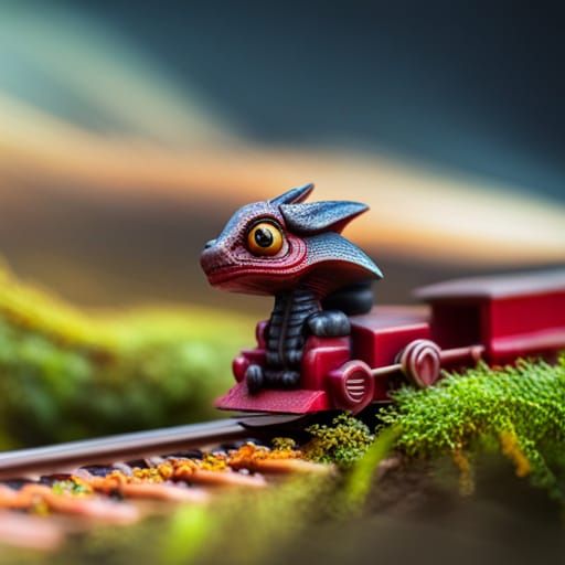 Miniature Dragon on Toy Train, Hyperrealistic Detail