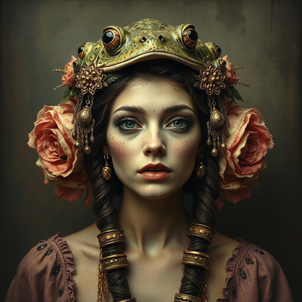 Woman with Frog Eye Headdress in Grunge Floral Style