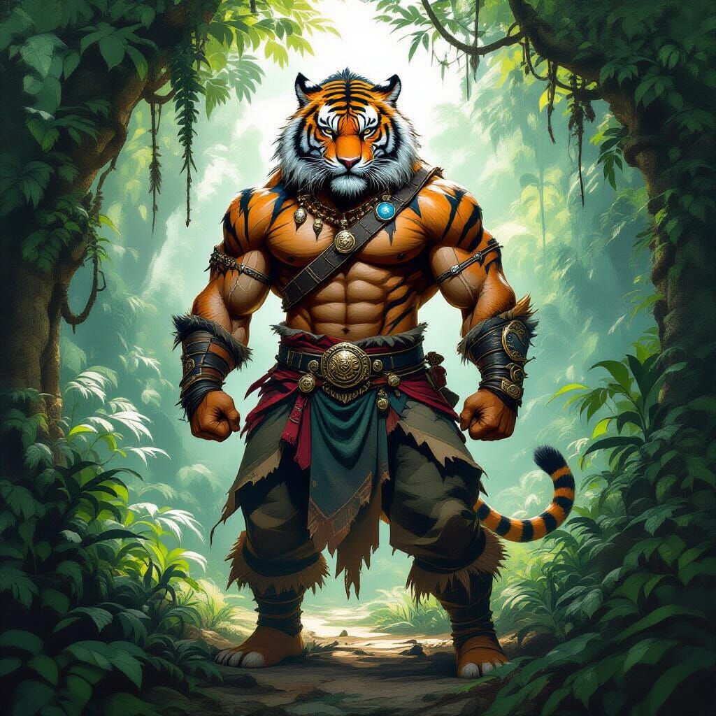 Fierce Tiger Warrior in Ancient Jungle