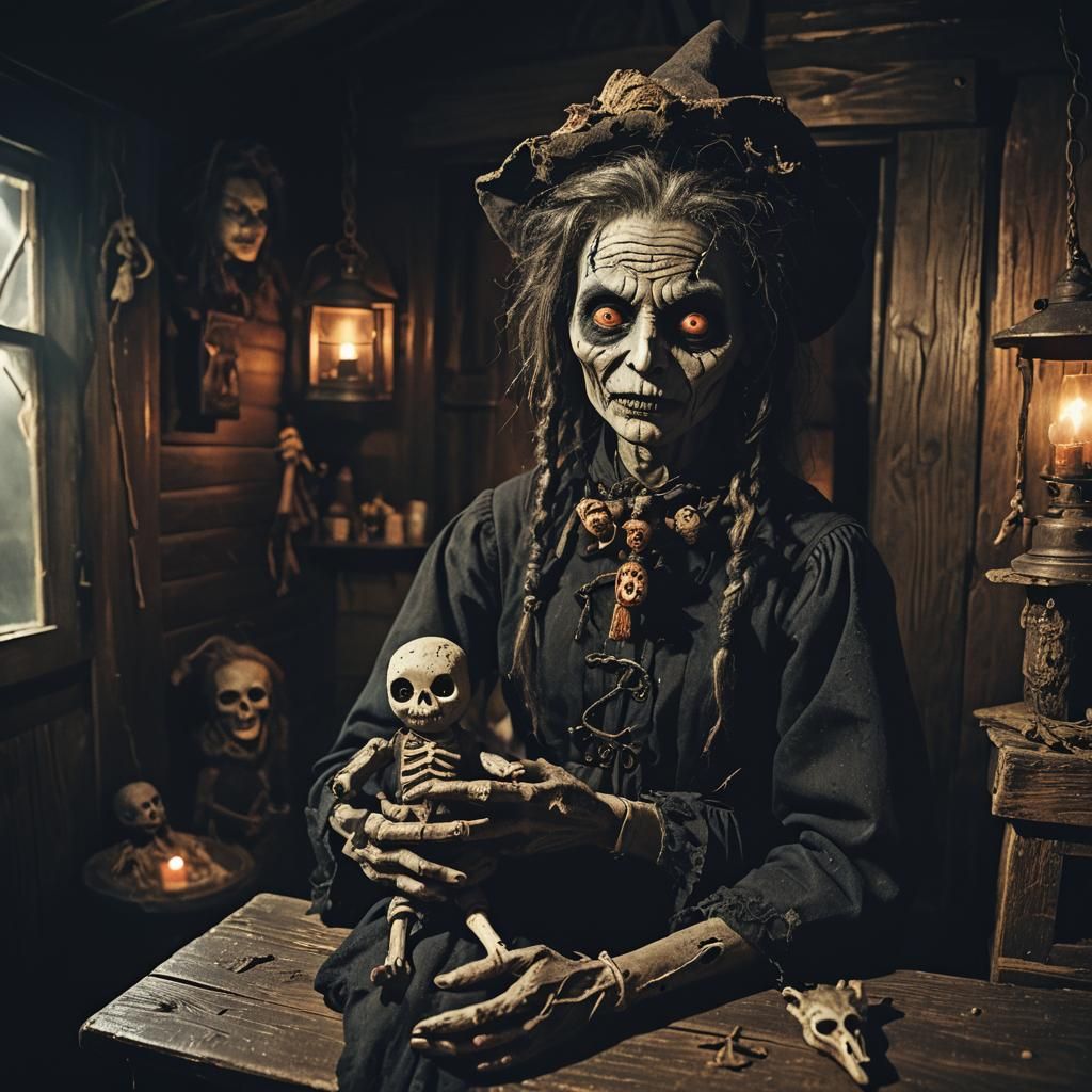 Creepy Voodoo Witch with Glowing Doll in Film Aesthetic