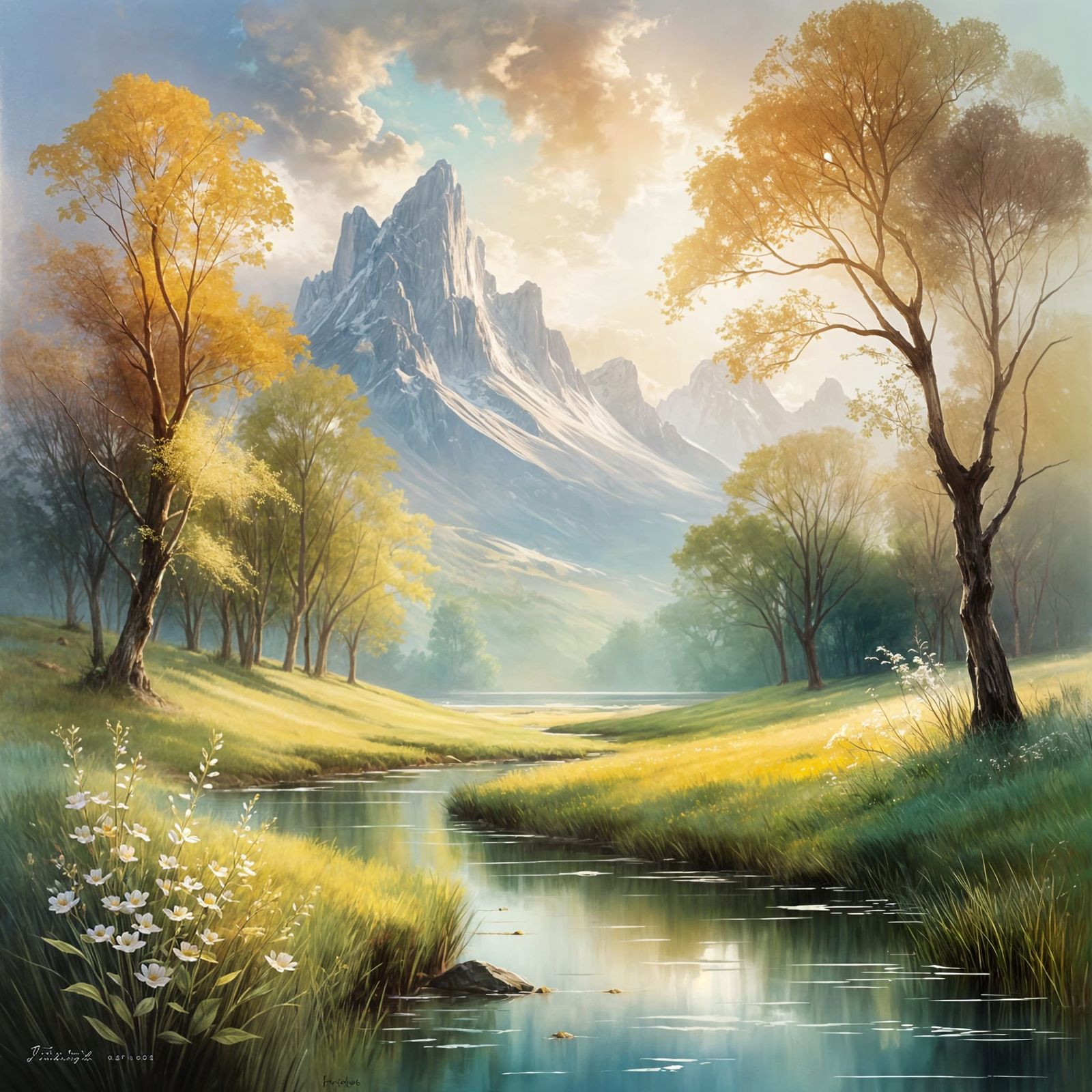 Serene Landscape with Soft Light and Painterly Textures