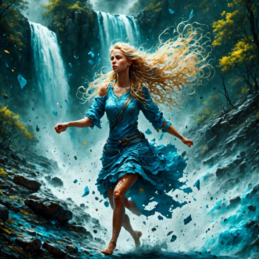 Young Queen Running Towards Smoky Waterfall in Graffiti Art