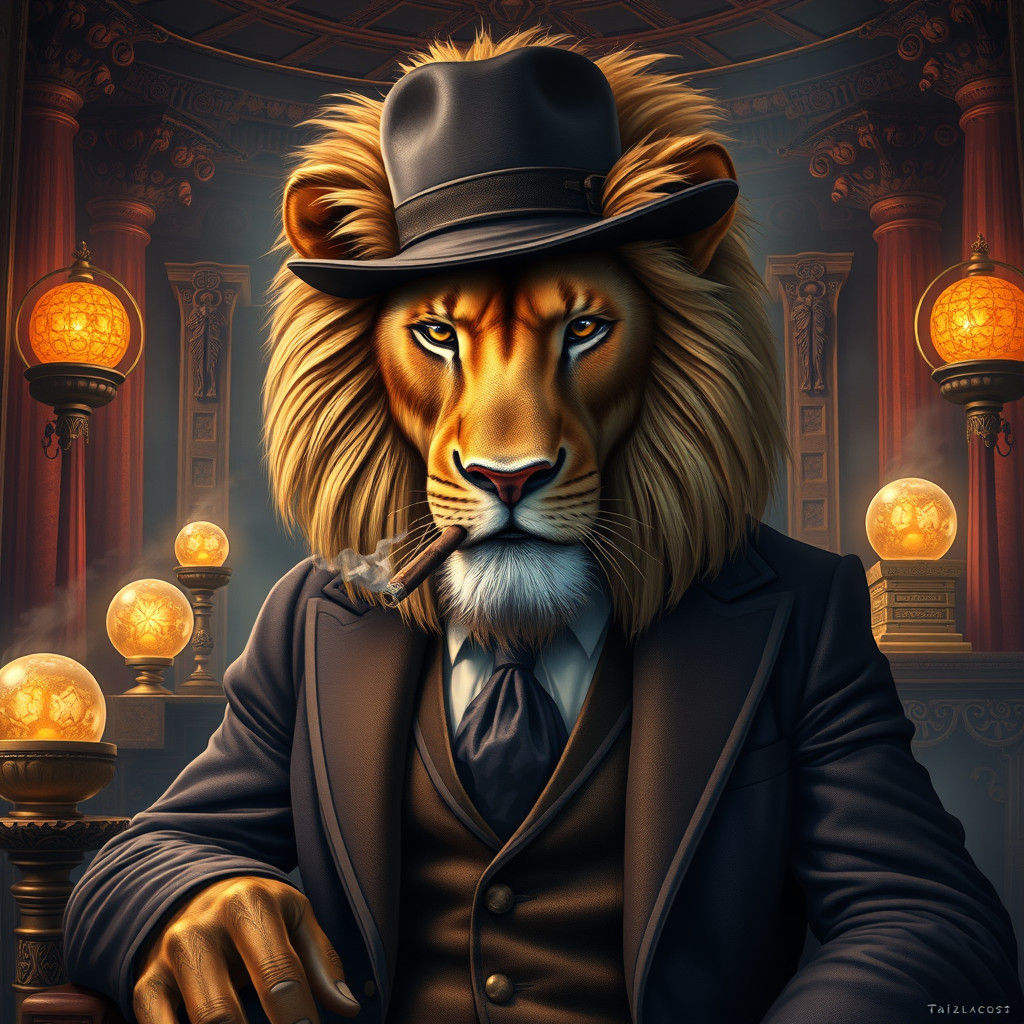 Lion Smoking Cigar in Mystical Environment, Matte Painting
