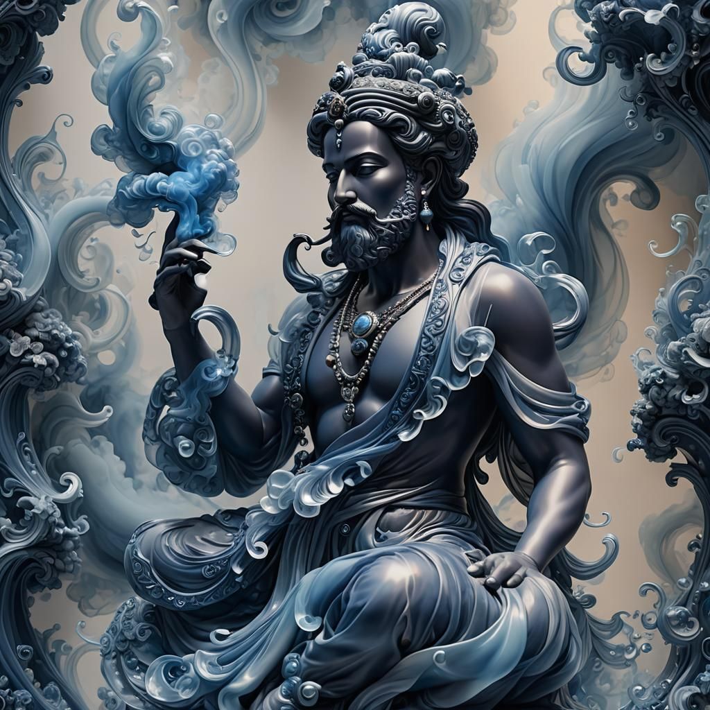 Opalescent Navy Genie in Translucent Blue Smoke Art