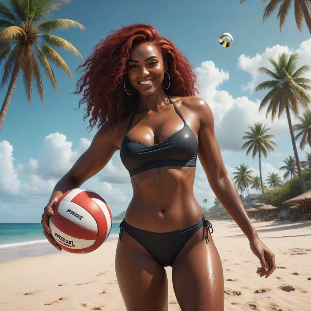 Black Woman Volleyball Player on Beach in Hyperrealism