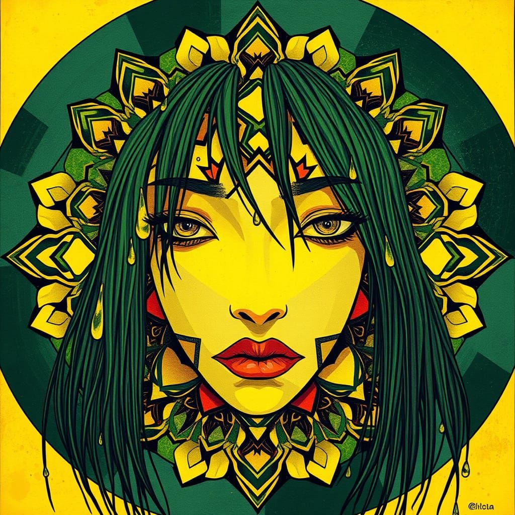 Abstract Cubist Mandala with Wet Hair and Droplets