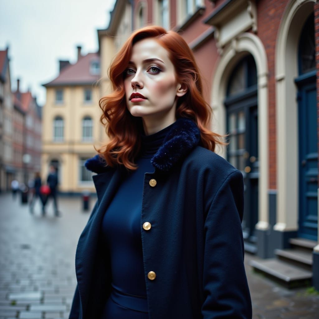 A woman with auburn hair dressed in dark blue clothing, standing outdoors during the evening.