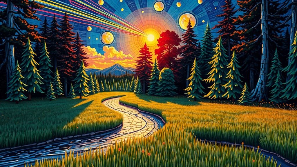 Ethereal Glass Mosaic Landscape with Shooting Stars in a Dar...