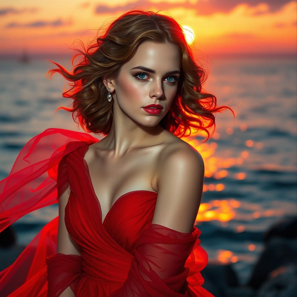 Emma Watson in Flowing Red Gown, Digital Illustration
