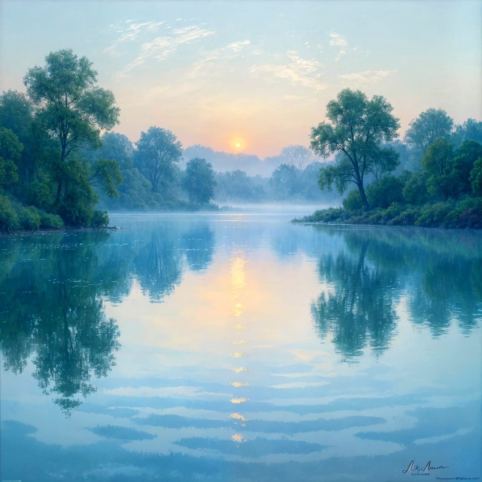 Misty Lake at Dawn Impressionist Painting