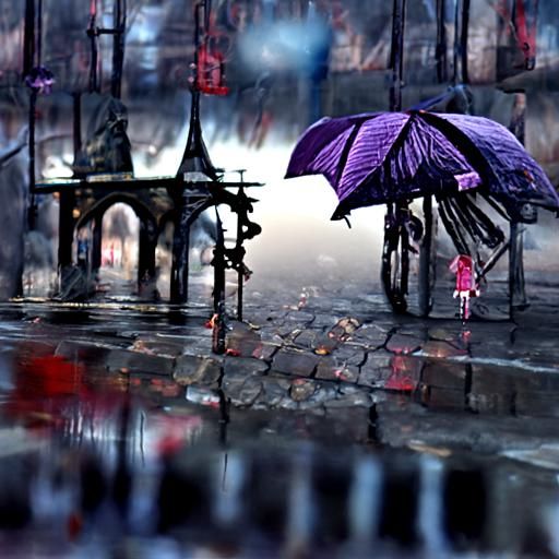 Girl with Umbrella in Rainy Cobblestone Street