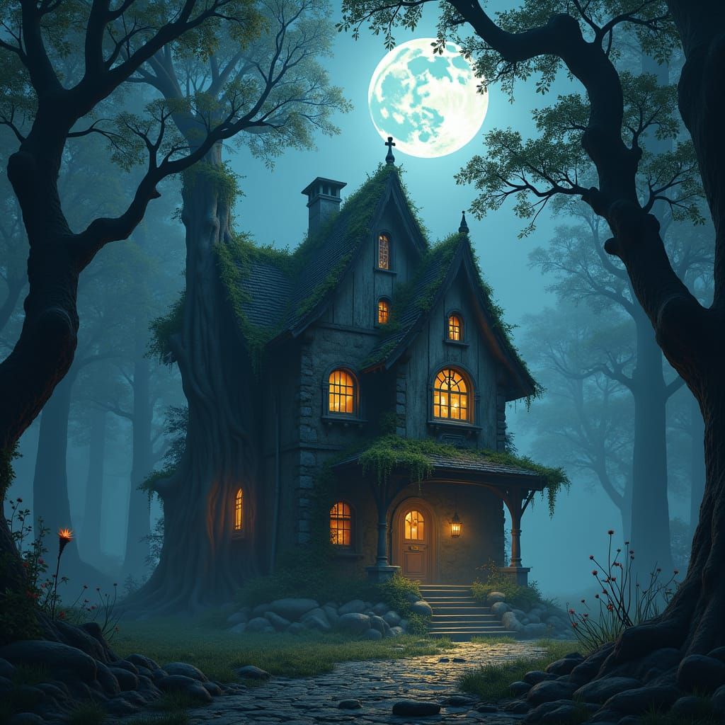 Mystical House in Dark Forest Bathed in Moonlight