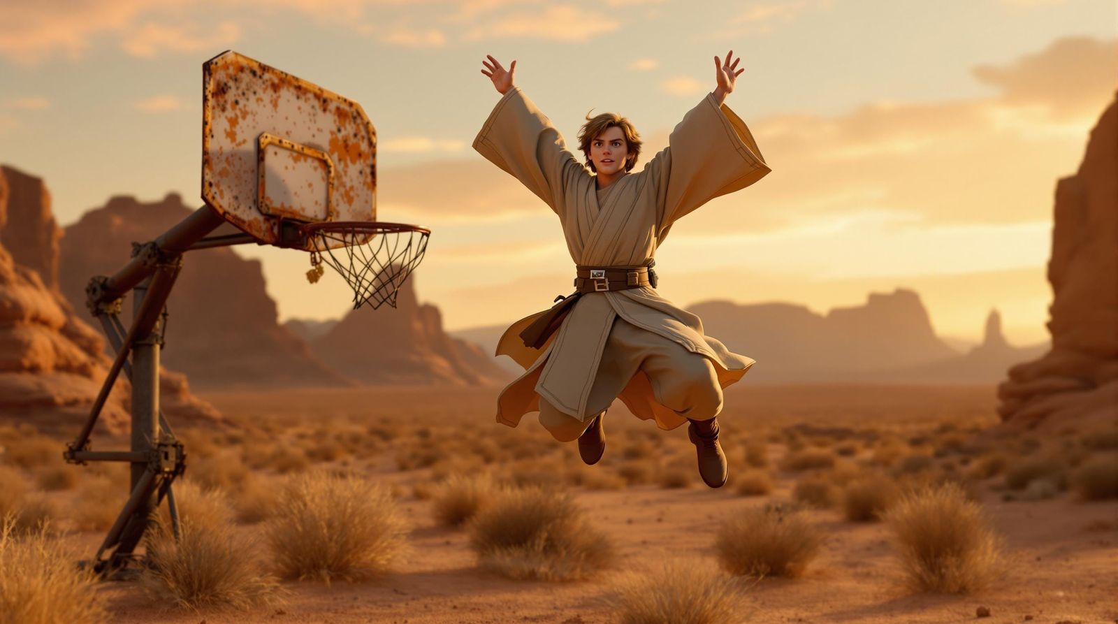 Young Luke Skywalker in Mid-Air Leap near Desert Basketball ...