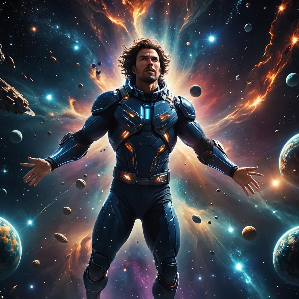 Animated Man Floating in Cosmic Energy Ocean