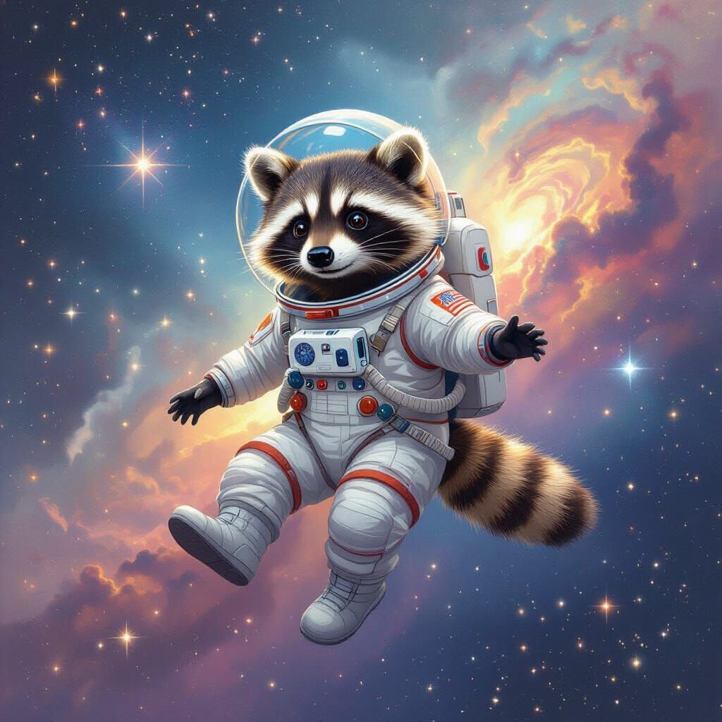 Raccoon Astronaut in Nebula as Dreamy Illustration